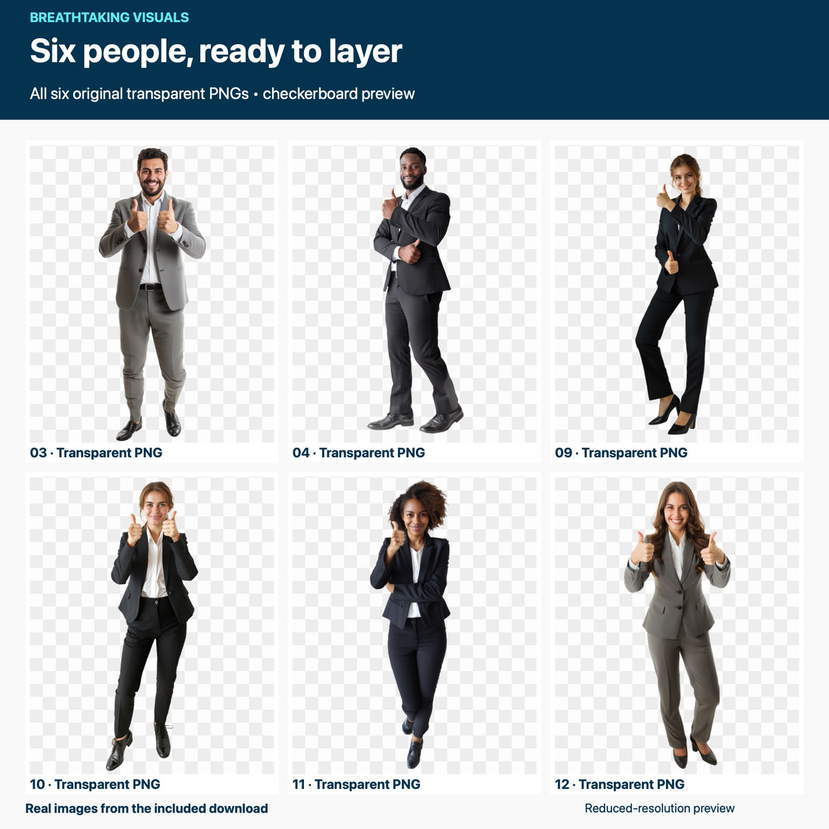 The six original business-people PNG cutouts included in the Business Presentation pack, reduced in resolution and shown over a checkerboard to demonstrate transparent backgrounds.