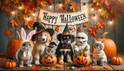 Cute baby animals in Halloween outfits with pumpkins