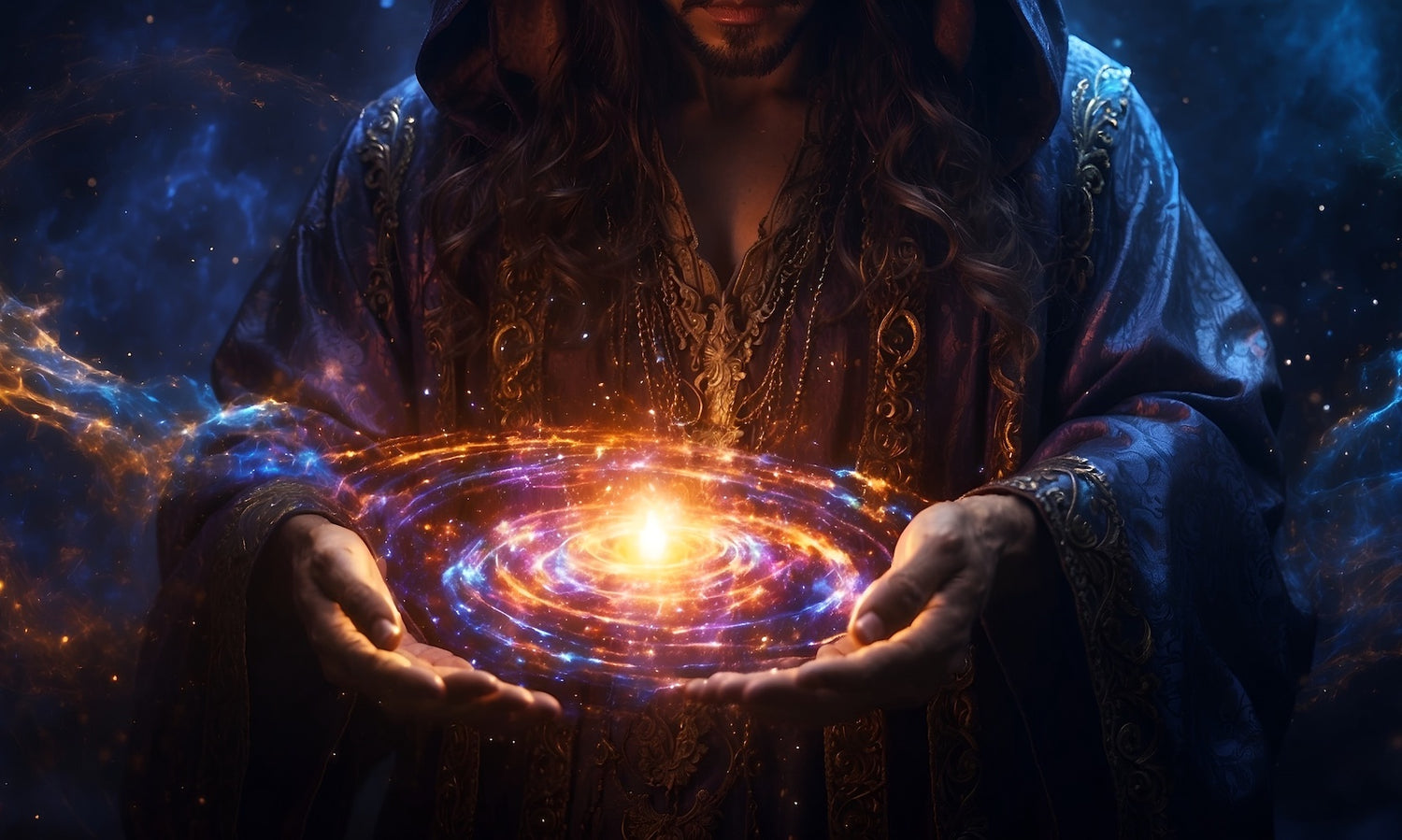 Mystical sorcerer conjuring a galaxy of stars between hands, symbolizing the captivating allure of visual storytelling.