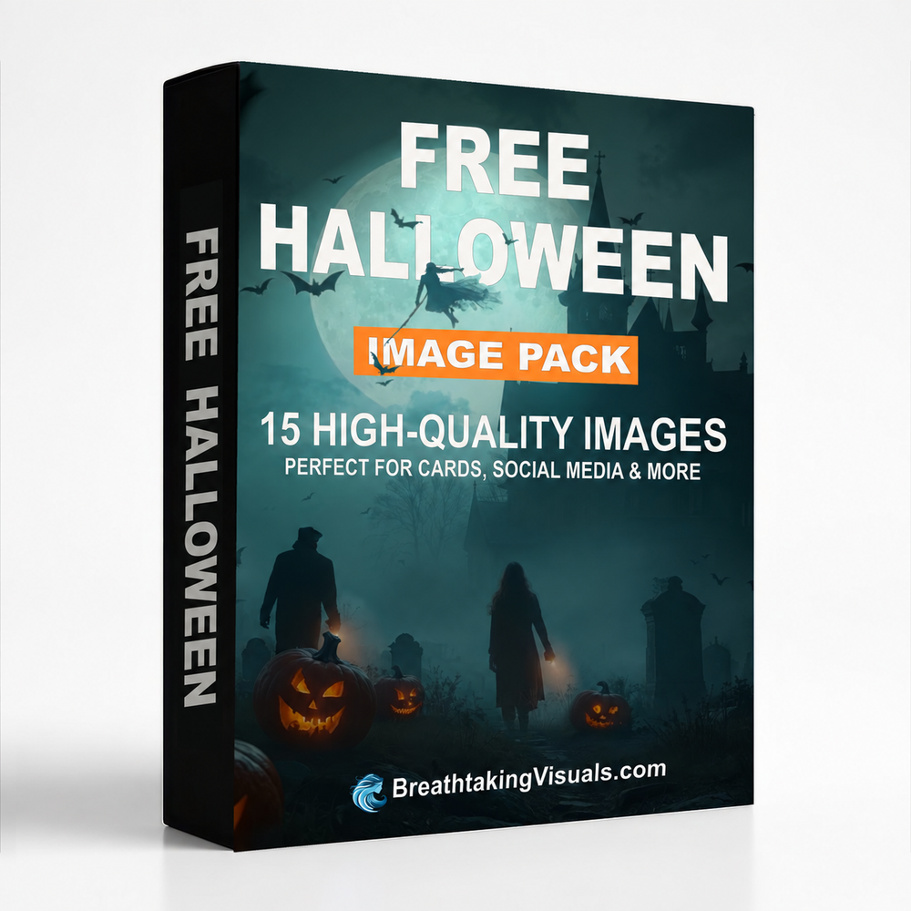 Free Halloween Box with people in graveyard with pumpkins, bats, witch on a broom and castle in the distance.