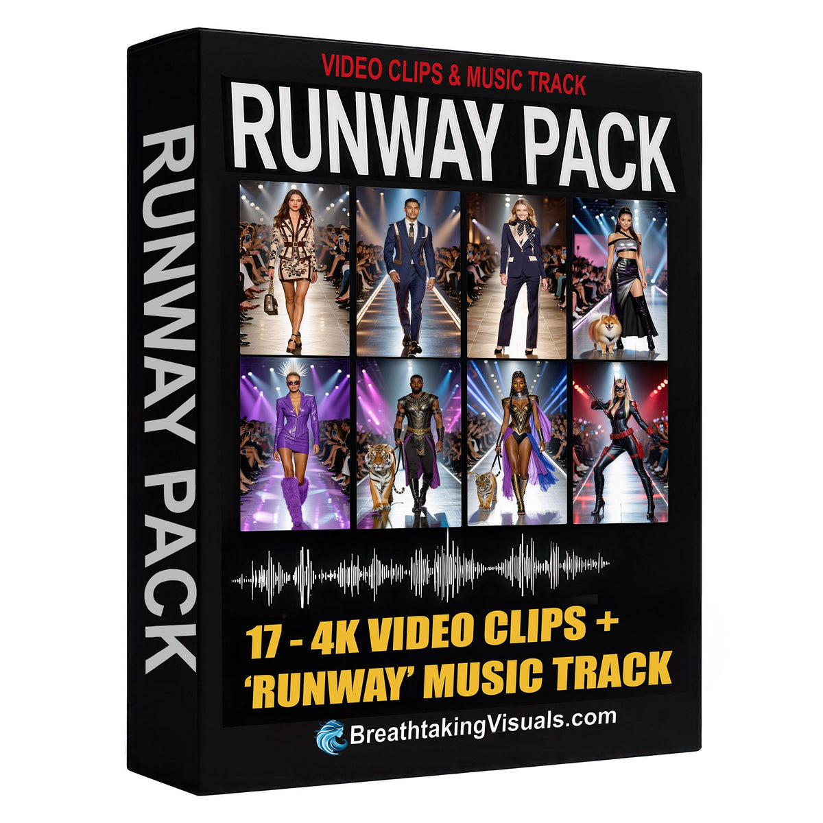 Runway Pack product packaging with images of models on a black background