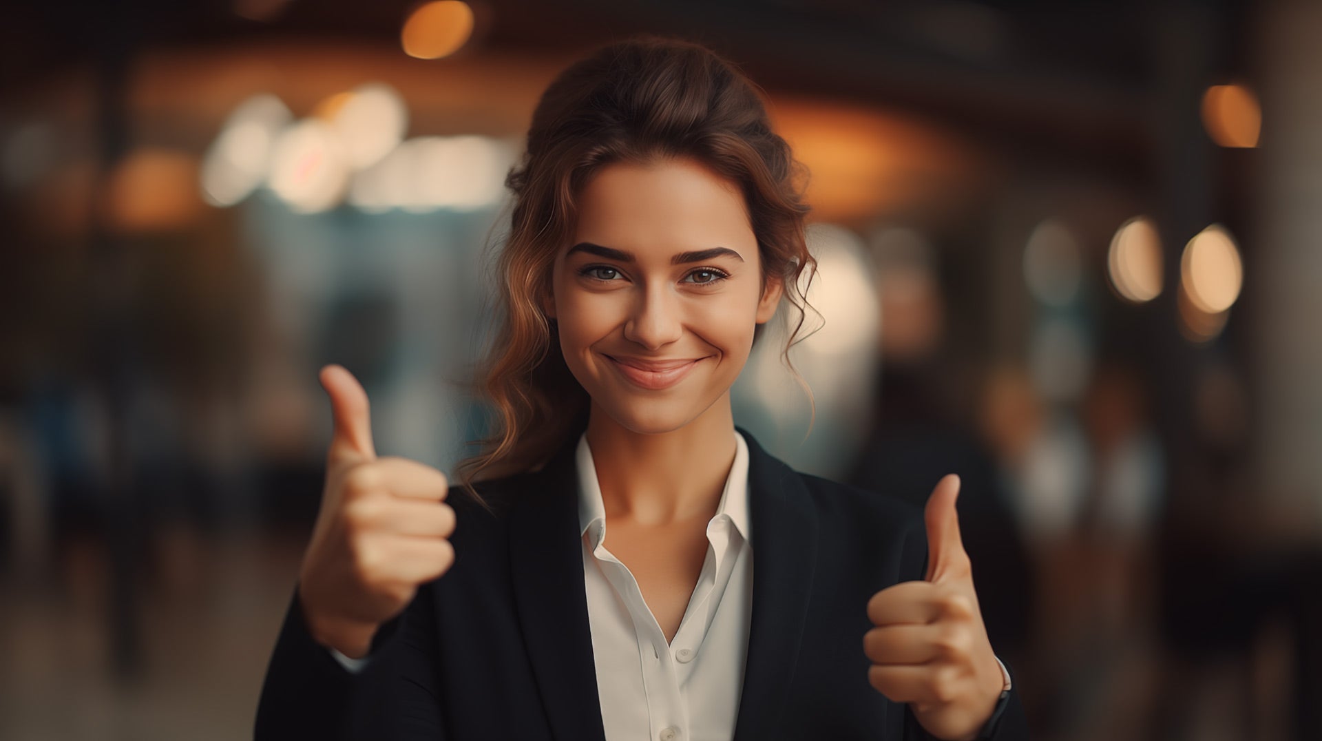 Business woman smiling with 2 hands thumbs up