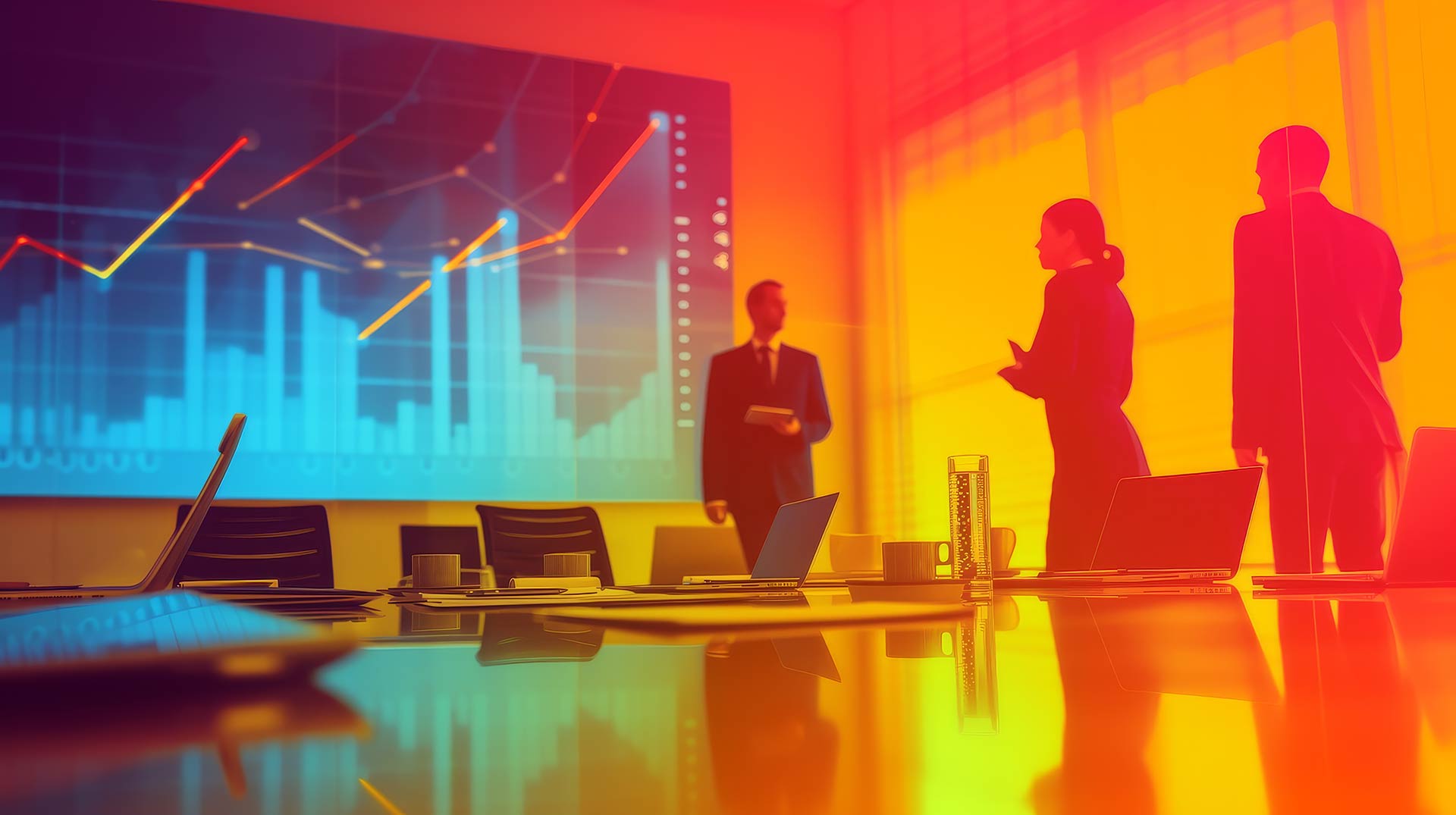 3 business people in boardroom with sales chart presented on large screen