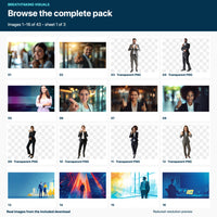 Numbered contact sheet 1 of 3 showing original Business Presentation pack images 1 through 16, reduced in resolution. The three sheets together show all 43 included images, with checkerboard backgrounds behind the six transparent PNG cutouts.