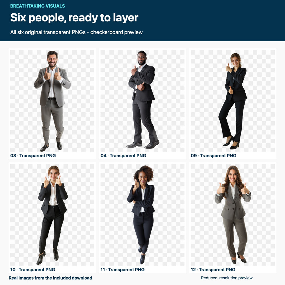 The six original business-people PNG cutouts included in the Business Presentation pack, reduced in resolution and shown over a checkerboard to demonstrate transparent backgrounds.