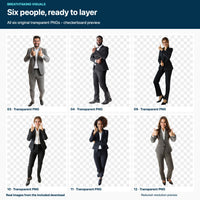 The six original business-people PNG cutouts included in the Business Presentation pack, reduced in resolution and shown over a checkerboard to demonstrate transparent backgrounds.