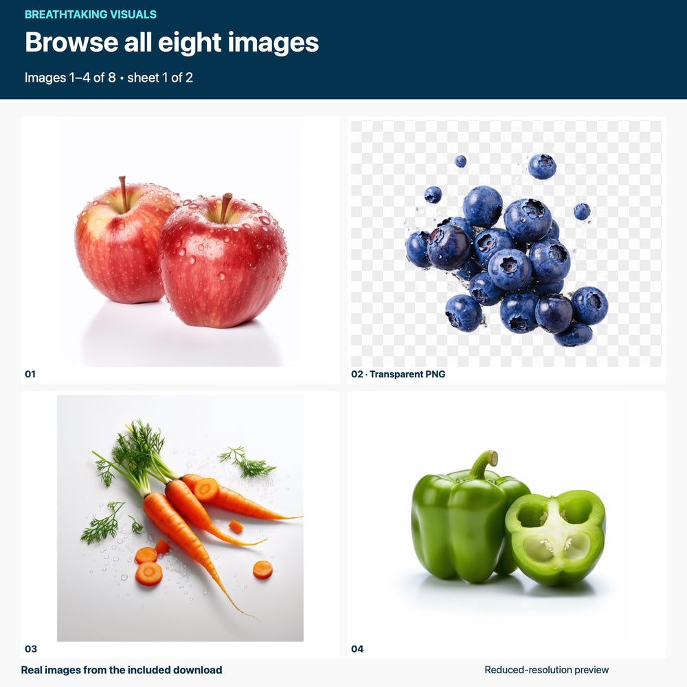Four reduced-resolution original images from the eight-image Free Fruit and Vegetable pack: apples, blueberries, carrots and green bell peppers. The transparent blueberry PNG is shown over a checkerboard. Sheet 1 of 2.