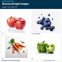 Four reduced-resolution original images from the eight-image Free Fruit and Vegetable pack: apples, blueberries, carrots and green bell peppers. The transparent blueberry PNG is shown over a checkerboard. Sheet 1 of 2.
