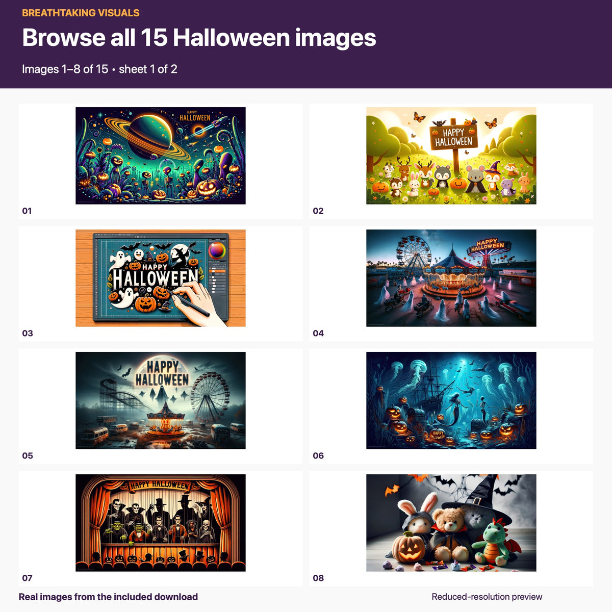 Numbered contact sheet 1 of 2 showing original Free Halloween pack images 1 through 8, reduced in resolution. Both sheets together show all 15 included images.