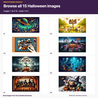 Numbered contact sheet 1 of 2 showing original Free Halloween pack images 1 through 8, reduced in resolution. Both sheets together show all 15 included images.