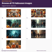 Numbered contact sheet 2 of 2 showing original Free Halloween pack images 9 through 15, reduced in resolution. Both sheets together show all 15 included images.
