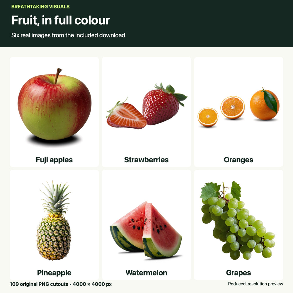 Six reduced-resolution original fruit cutouts from the bundle: Fuji apples, strawberries, oranges, pineapple, watermelon and grapes, shown on a light background.