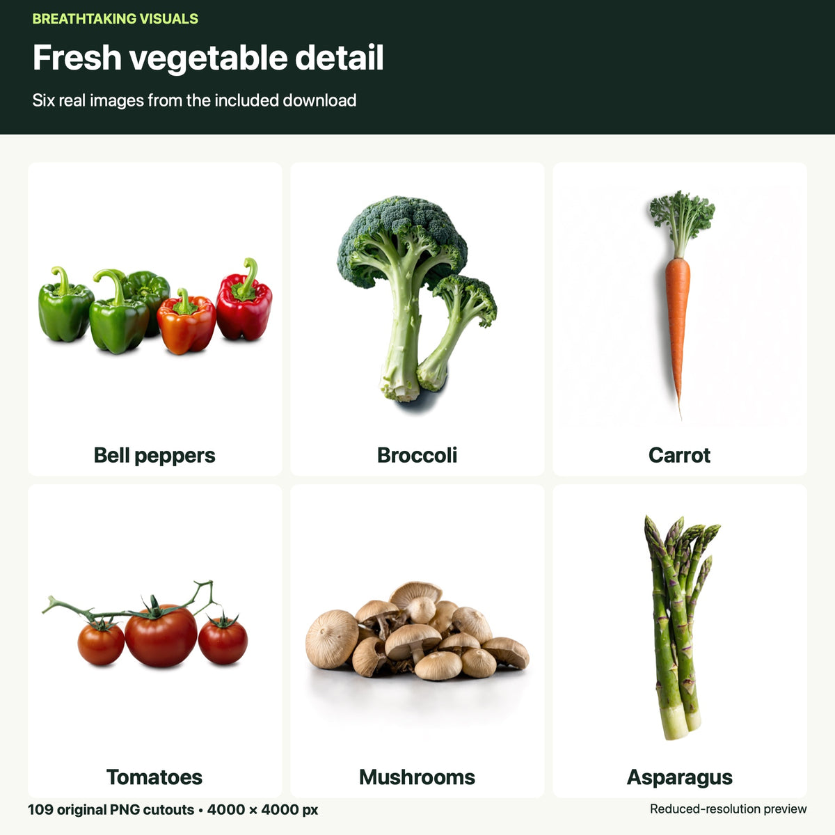 Six reduced-resolution original vegetable cutouts from the bundle: bell peppers, broccoli, carrots, tomatoes, mushrooms and asparagus, shown on a light background.