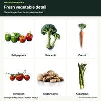 Six reduced-resolution original vegetable cutouts from the bundle: bell peppers, broccoli, carrots, tomatoes, mushrooms and asparagus, shown on a light background.