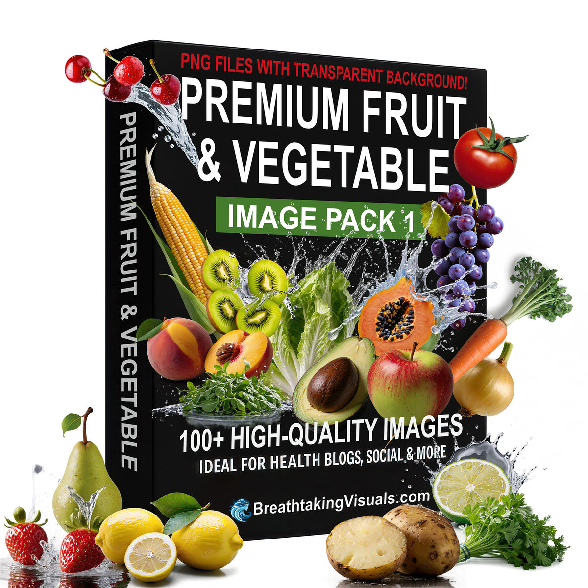 High-resolution 4000x4000 PNG images with transparent bacåkground of assorted fruits and vegetables for digital projects.