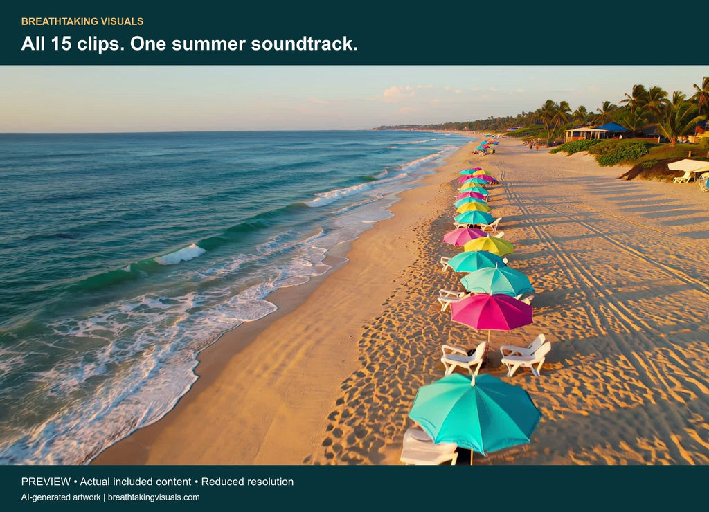 45-second preview of all 15 included 4K clips, shown as labelled three-second excerpts with music from the included BTV Summer track.
