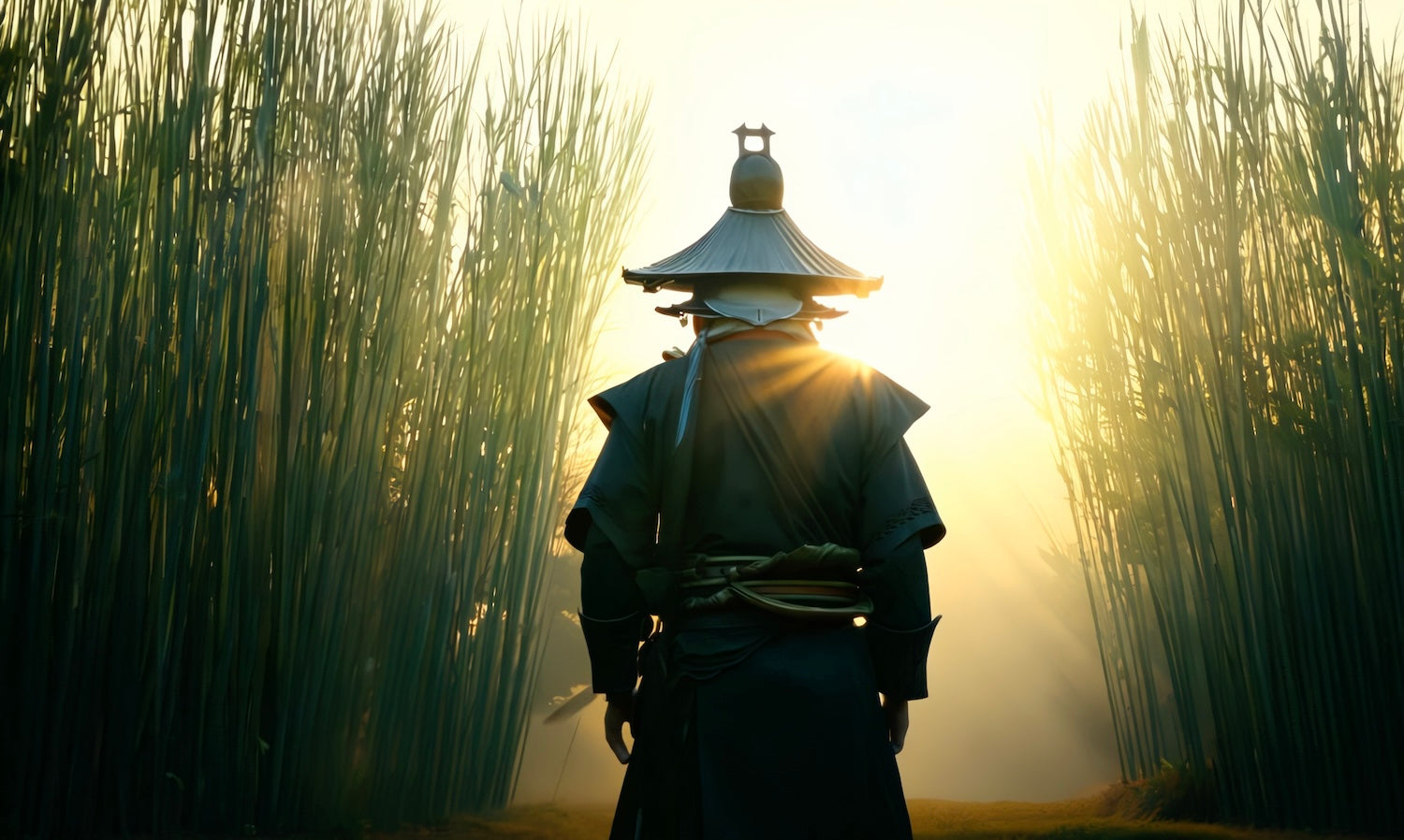 Samurai with back facing camera in bamboo forest at dawn