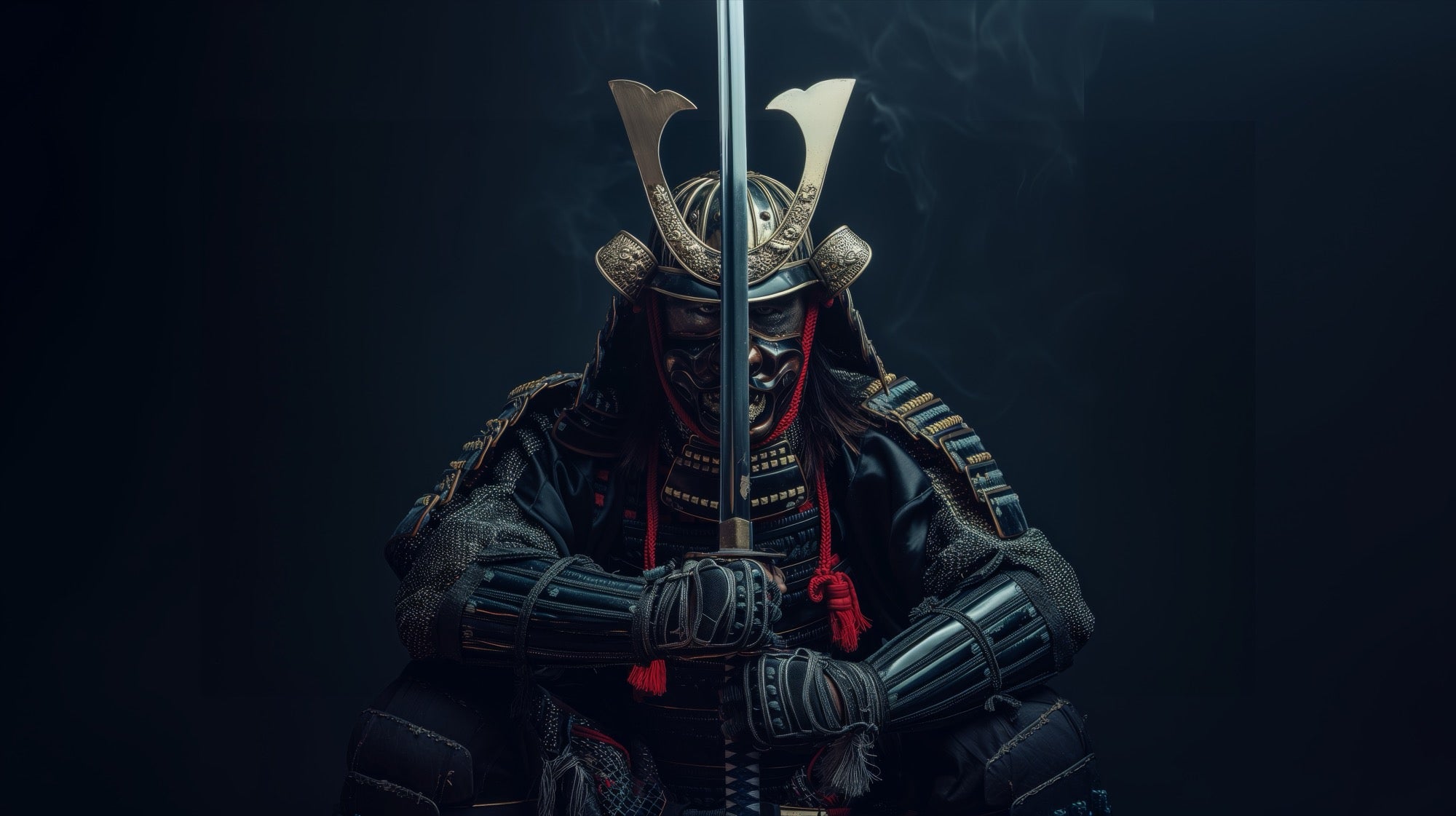 Samurai with Sword and Oni Mask