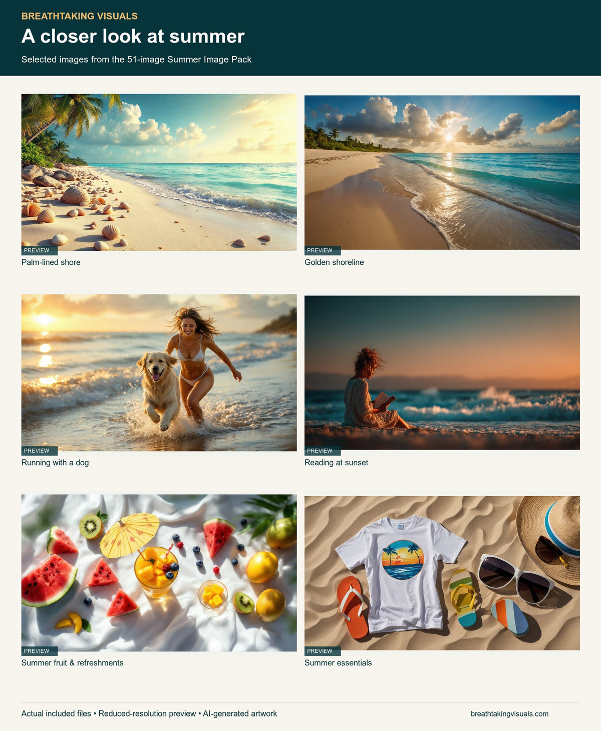 Six selected images from the Summer Image Pack: palm-lined shore, golden shoreline, dog running on the beach, reading at sunset, summer fruit and beach essentials.