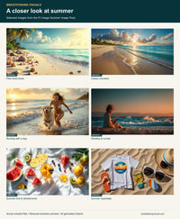 Six selected images from the Summer Image Pack: palm-lined shore, golden shoreline, dog running on the beach, reading at sunset, summer fruit and beach essentials.