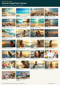 Preview sheet of all 26 included summer scenes, including beaches, seashells, sunsets, surfers and summer lifestyle images.