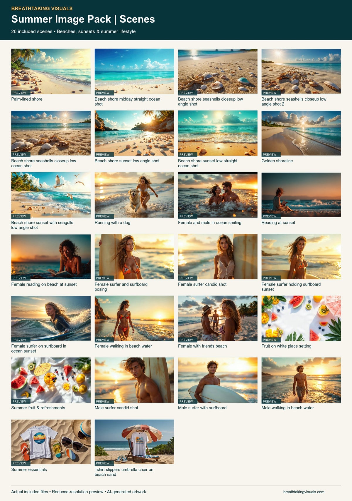 Preview sheet of all 26 included summer scenes, including beaches, seashells, sunsets, surfers and summer lifestyle images.