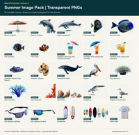 Preview sheet of all 25 transparent PNG cutouts, displayed on a light background: marine life, drinks, sandals, beach objects, sunglasses, surfboards and a T-shirt.