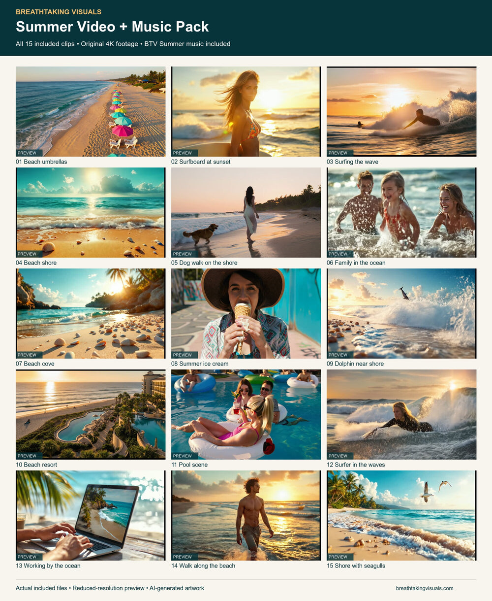 Labelled still-frame preview of all 15 included clips, covering beaches, surf, family, resort, pool, dolphin and summer lifestyle scenes.
