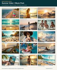 Labelled still-frame preview of all 15 included clips, covering beaches, surf, family, resort, pool, dolphin and summer lifestyle scenes.