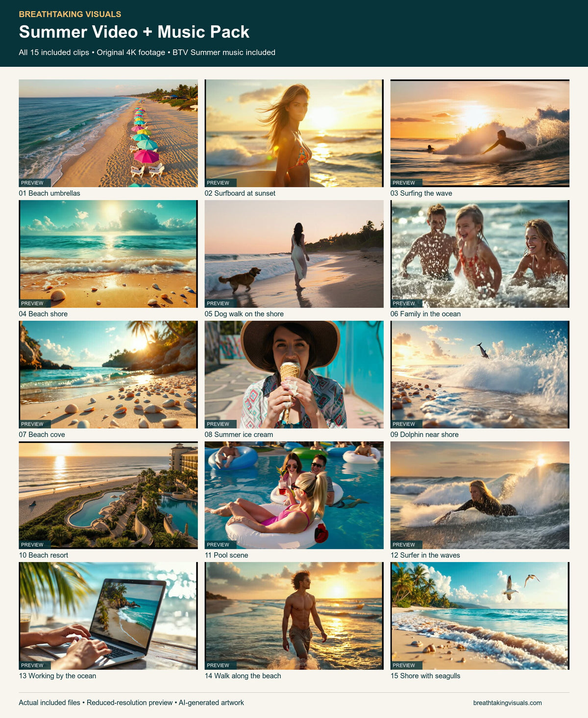 Labelled still-frame preview of all 15 included clips, covering beaches, surf, family, resort, pool, dolphin and summer lifestyle scenes.