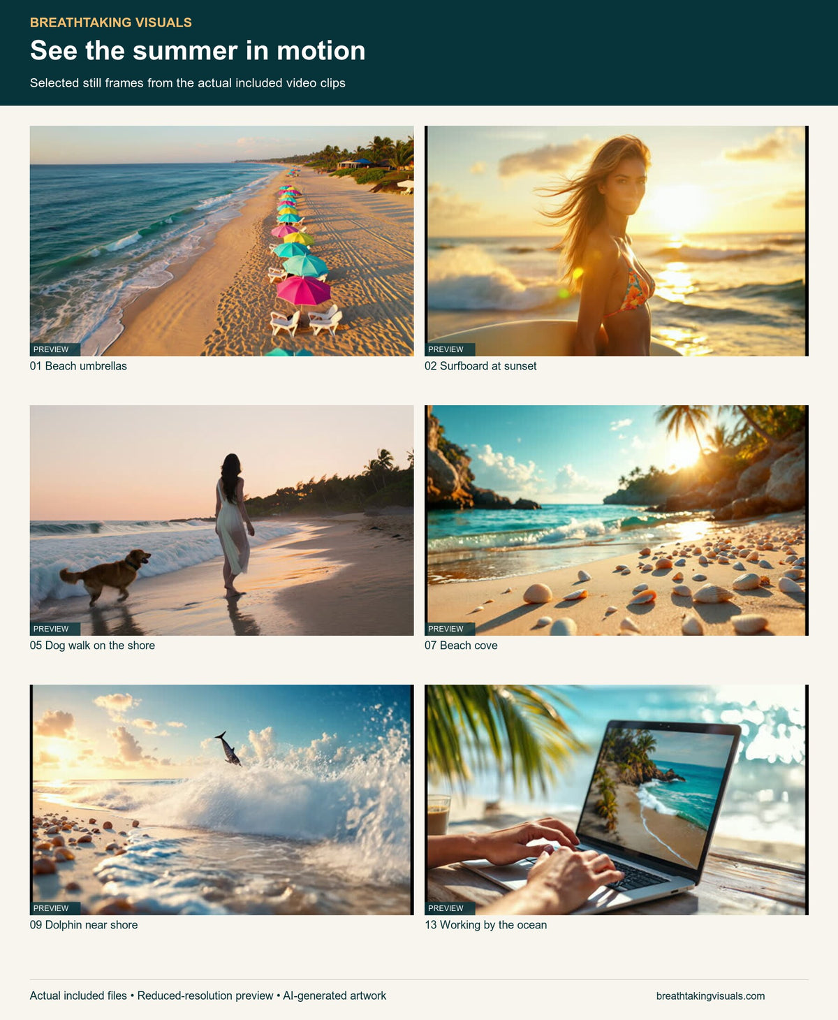 Six larger still frames from the actual included video clips: beach umbrellas, surfer at sunset, dog walk, beach cove, dolphin and working by the ocean.
