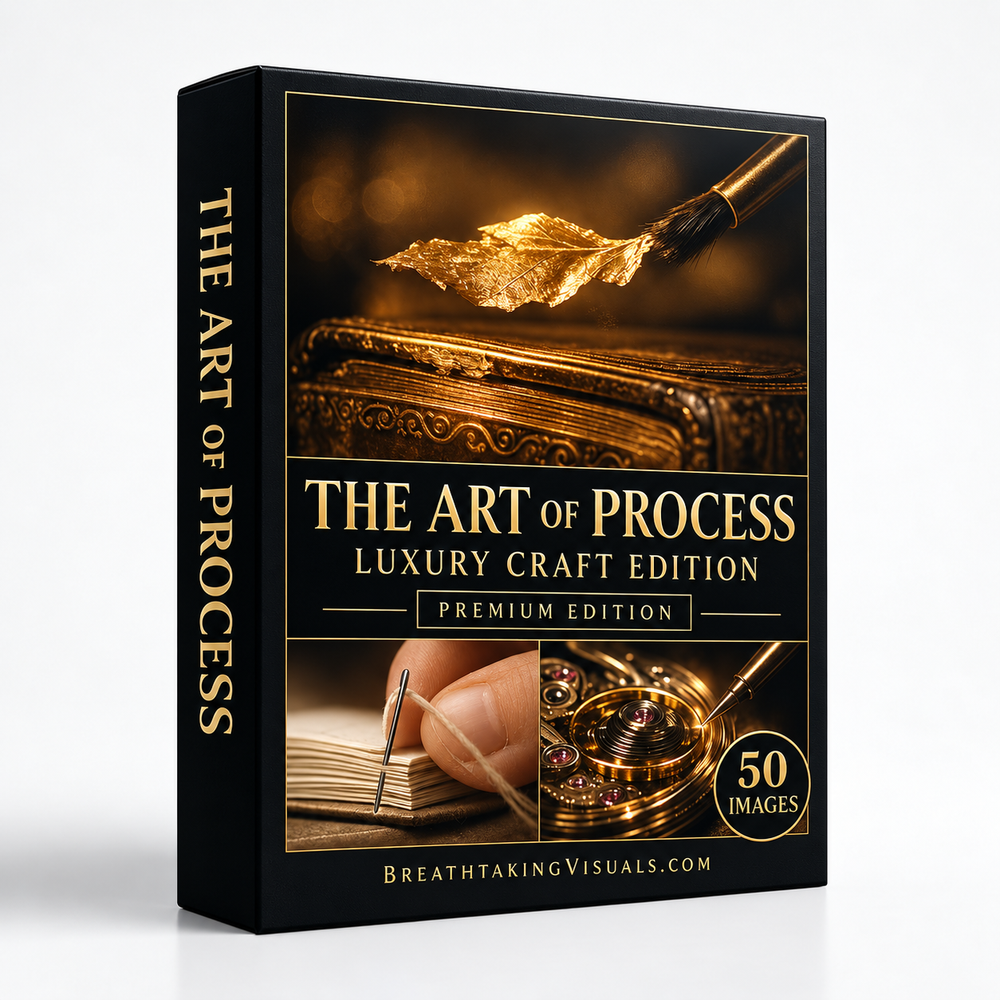 The Art of Process Luxury Craft Edition black-and-gold box mockup with gilding, bookbinding and watchmaking imagery, shown on a light-grey background