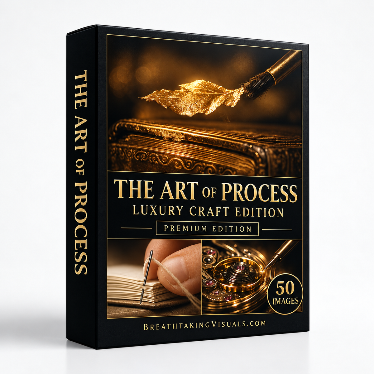 The Art of Process Luxury Craft Edition black-and-gold box mockup with gilding, bookbinding and watchmaking imagery, shown on a light-grey background