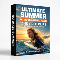 Ultimate Summer 4K Video & Music Pack box artwork featuring a surfer at sunset, with 15 4K video clips and the BTV Summer music track.