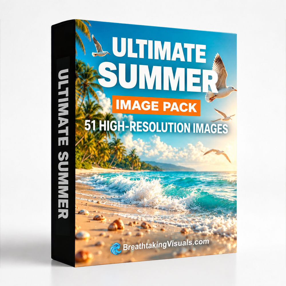 Ultimate Summer Image Pack box artwork featuring a tropical beach and seagulls, with 51 high-resolution images.