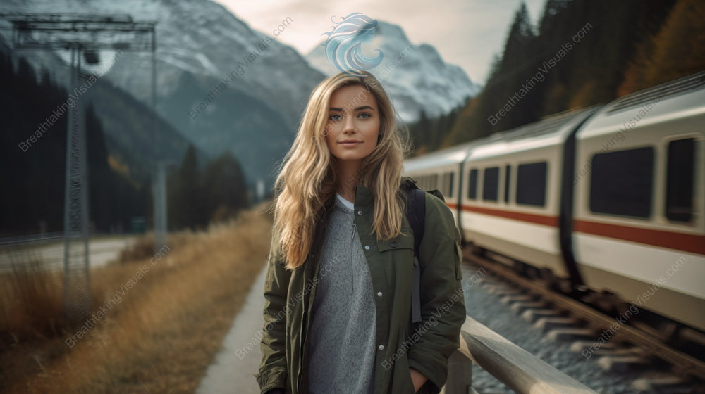 Woman Near Train in Mountains
