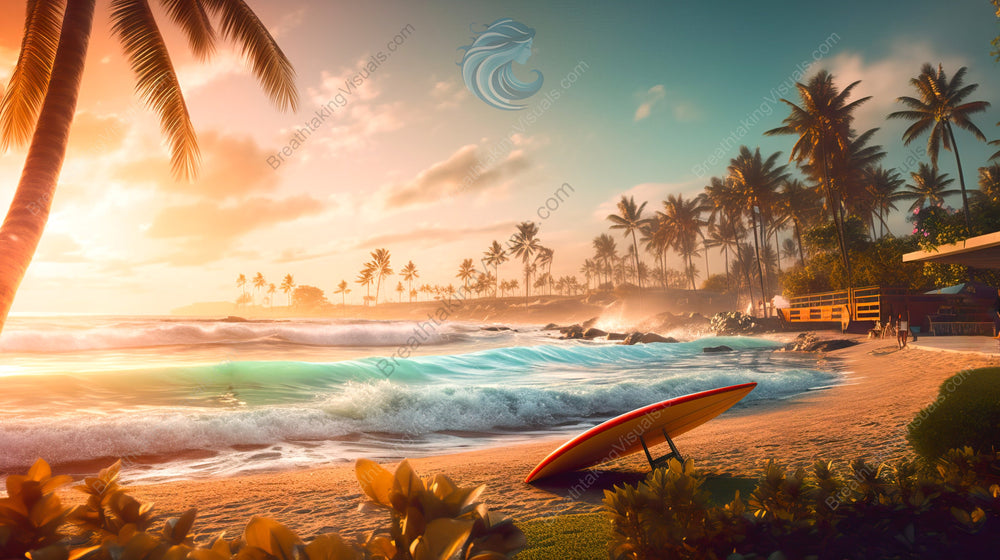 Golden Hour at Tropical Beach with Surfboard