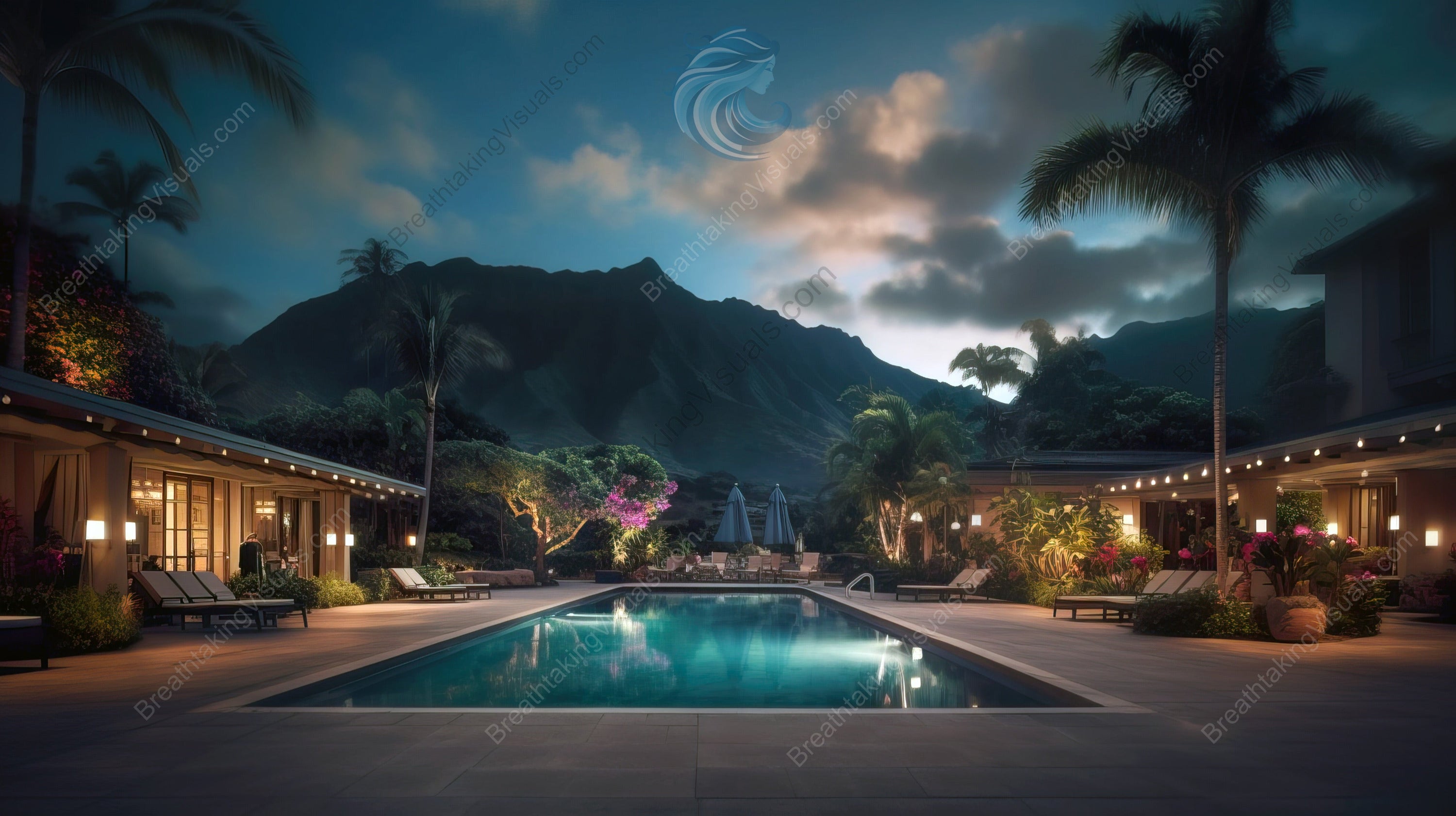 Luxurious Resort Evening Poolside View with Mountains