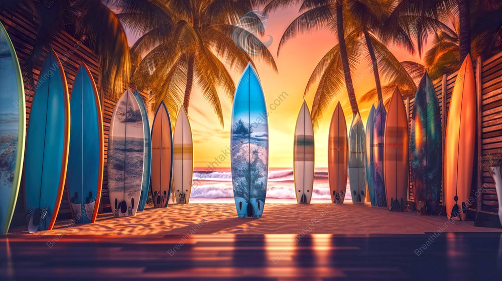 Sunset Surfboards at Tropical Beach