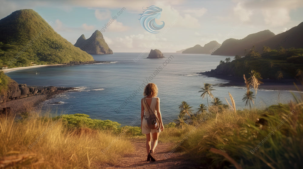 Woman Overlooking Tropical Island Vista